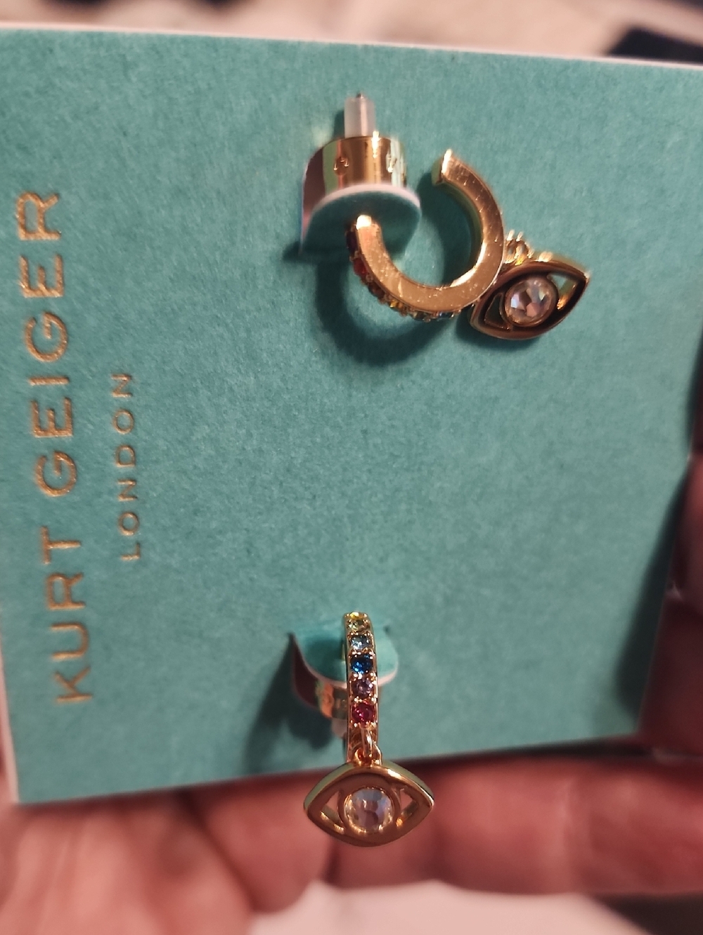 Kurt Geiger Gold Evil Eye Hoop Drop Earrings with Clear Stones - Picture 3 of 3